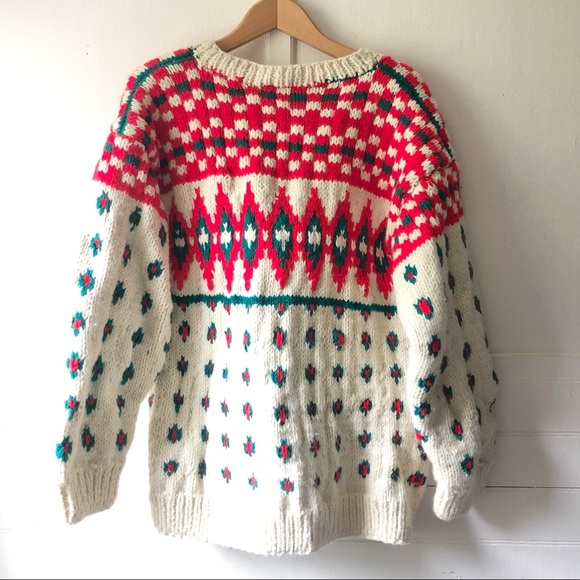 Vtg Hand Knit Christmas Nordic Southwestern Aztec Fisherman Grandpa Wool Sweater - Picture 10 of 12